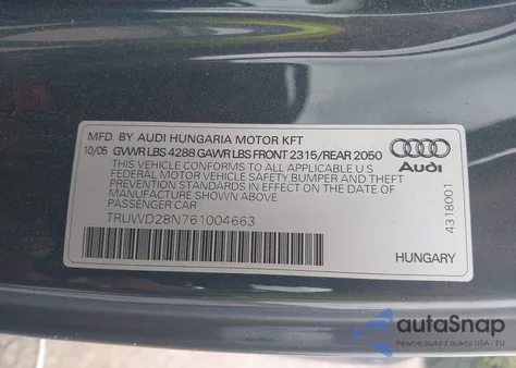 2006 Audi Tt 3.2L из США, поврежденный, VIN TRUWD28N761004663